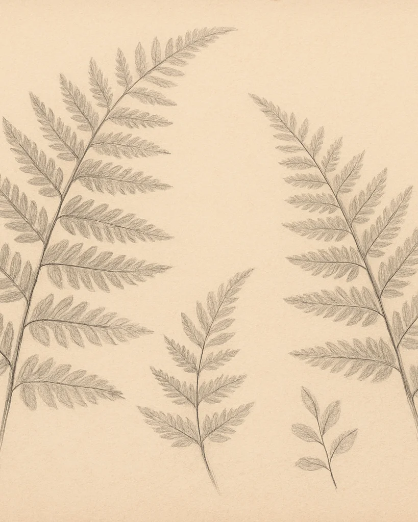 Hand-drawn pencil sketch of a few fern fronds and a small stem on