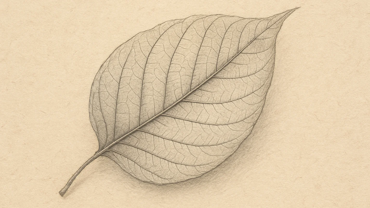 Hand-drawn pencil sketch of an open leaf with fine graphite veins on warm beige paper, soft daylight