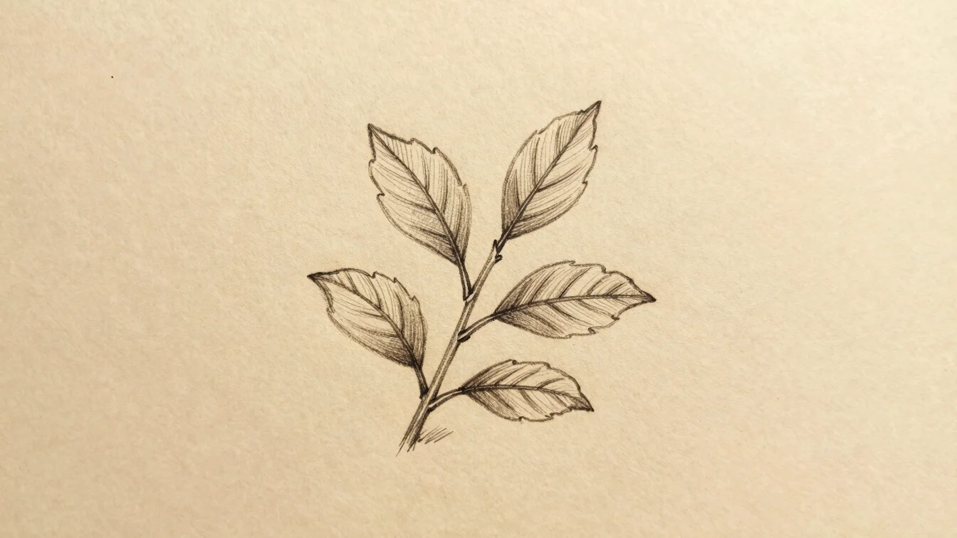 Hand-drawn pencil sketch of a sprig with several small leaves on warm beige paper, fine linework, open space