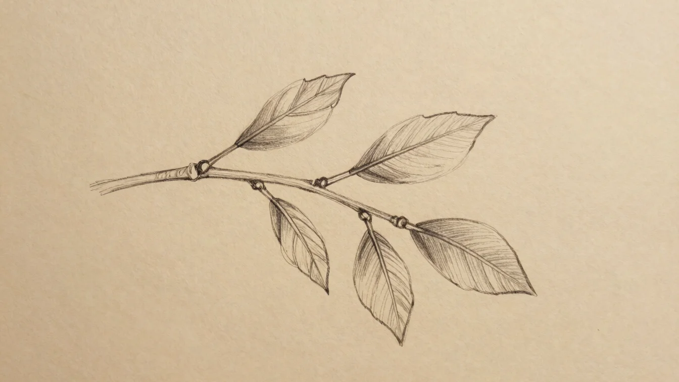 Hand-drawn pencil sketch of a slender branch with a few leaves on warm beige paper, delicate graphite lines