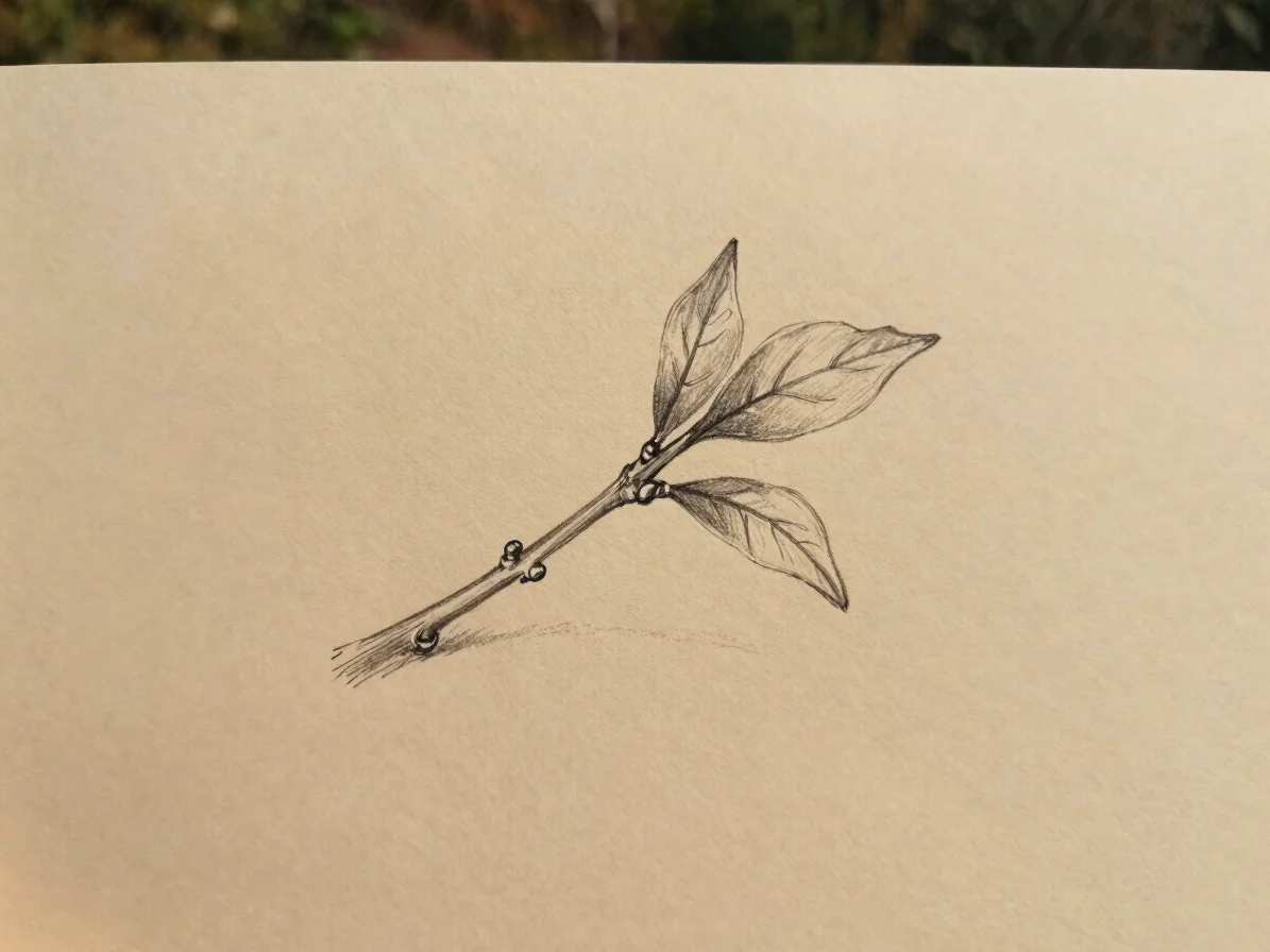 Hand-drawn pencil sketch of a single twig with two small leaves o