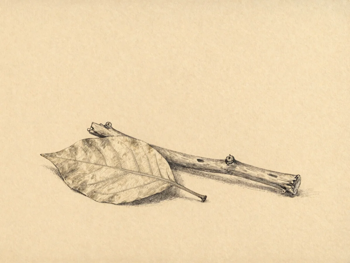 Hand-drawn pencil sketch of a pressed leaf and a fallen branch on
