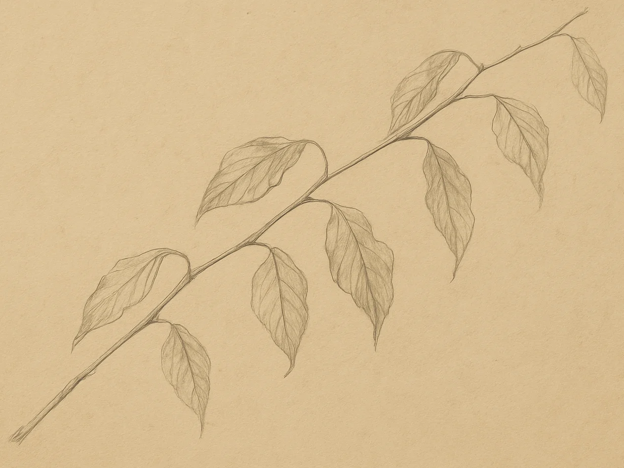 Hand-drawn pencil sketch of a slender branch with dried leaves on