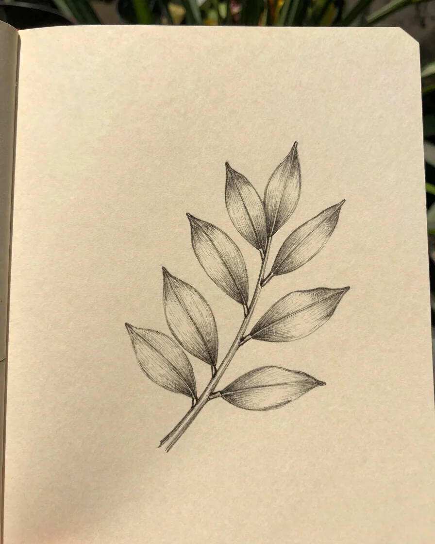 Hand-drawn pencil illustration of a single leafy branch with fine